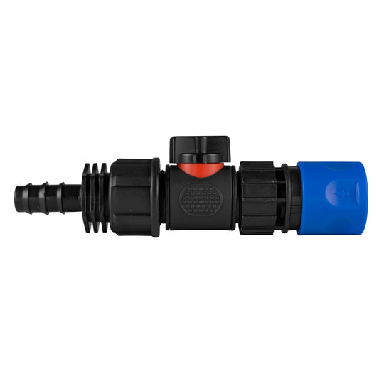 Hose connector with inline valve, blue 16mm barbed straight outlet and black fittings