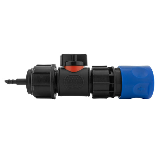 Blue hose connector with in-line BSPM valve and 4mm barb micro connector