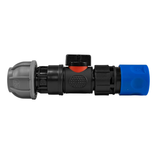 Hose connector w/ in-line BSPM valve, 20mm MDPE straight, blue outlet