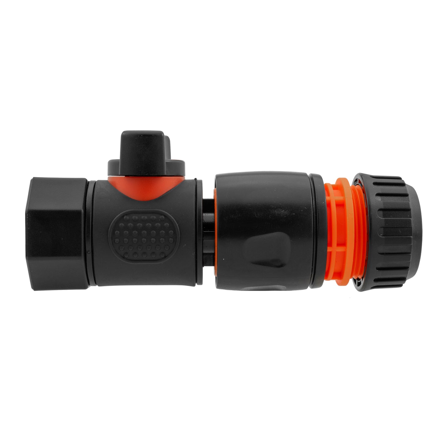 3/4" BSPF quick connect valve with hose connector, black body and orange ring