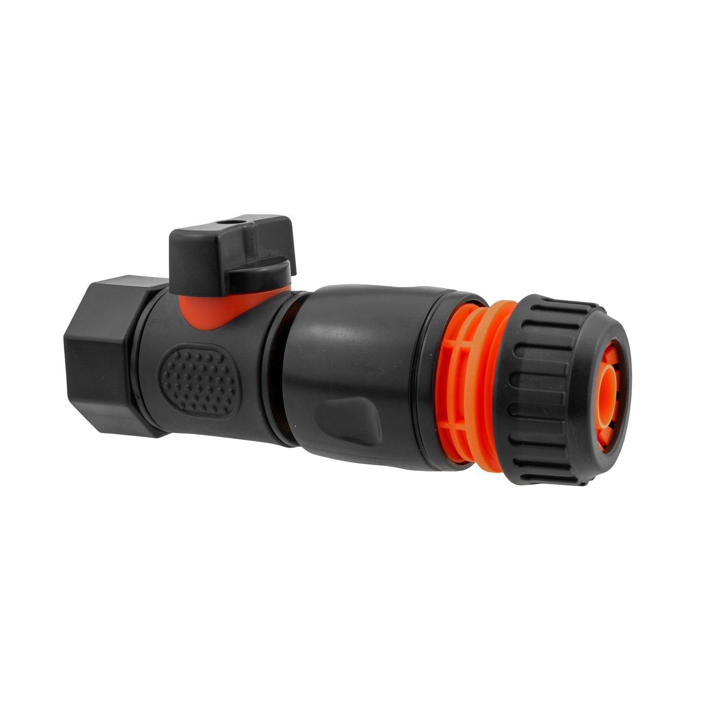 Black quick connect valve with hose connector, orange push-fit coupling and lock collar