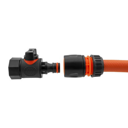 Quick connect valve shown with hose connector end and black/orange coupling