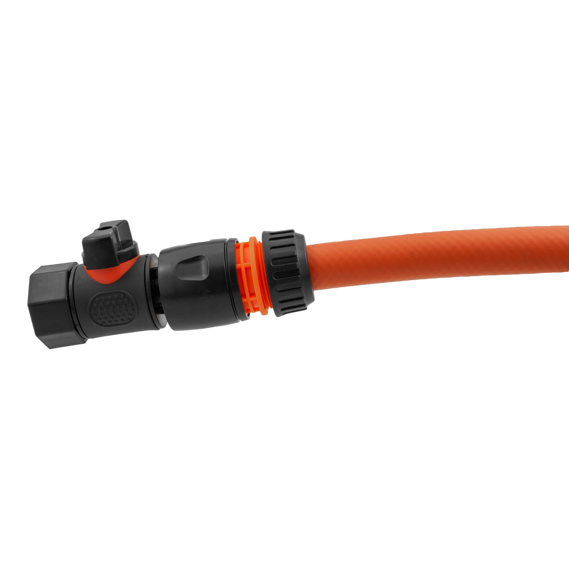 Black 3/4" BSPF quick connect valve with attached hose connector, orange ring