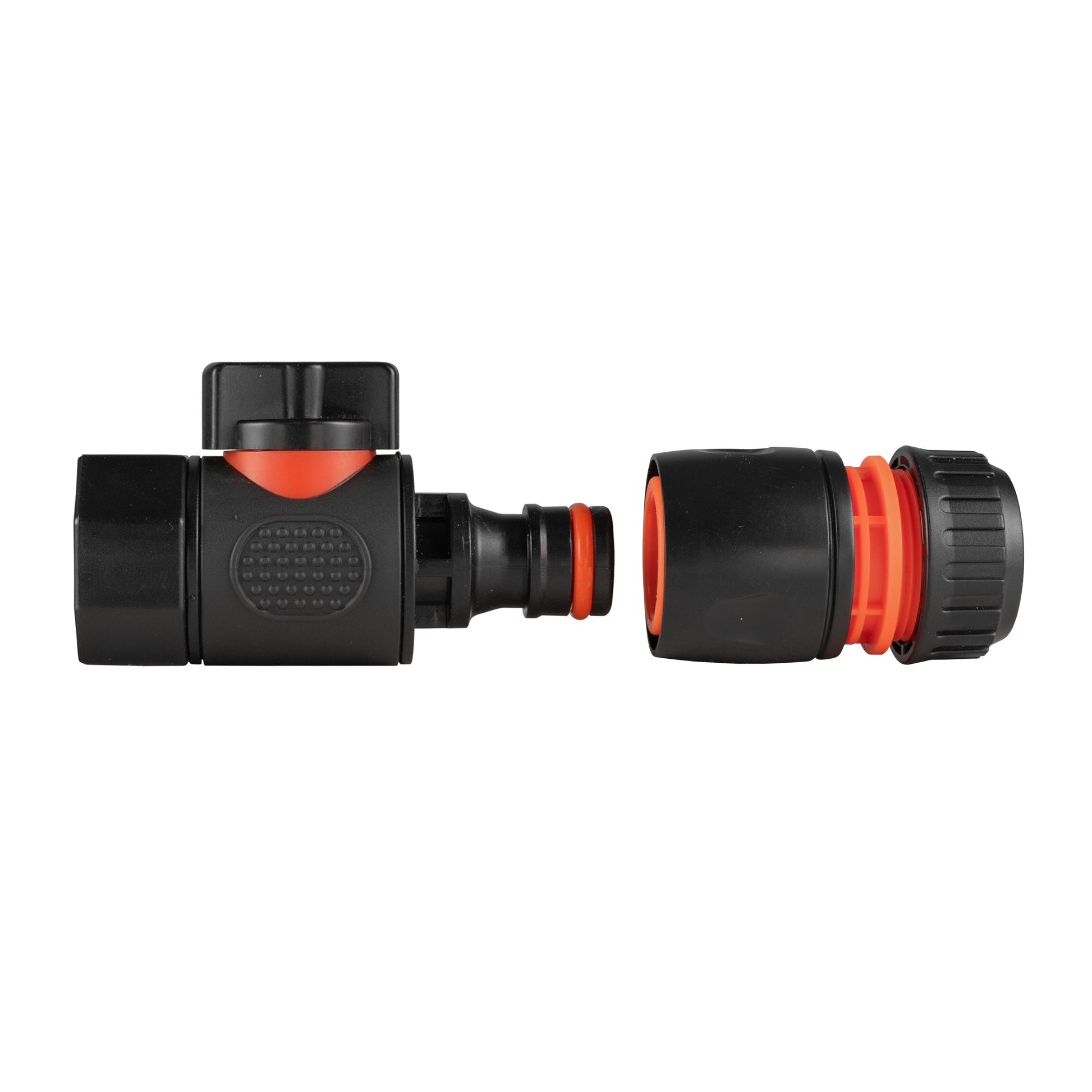 Black quick connect valve with two connections; orange accents on the hose connector