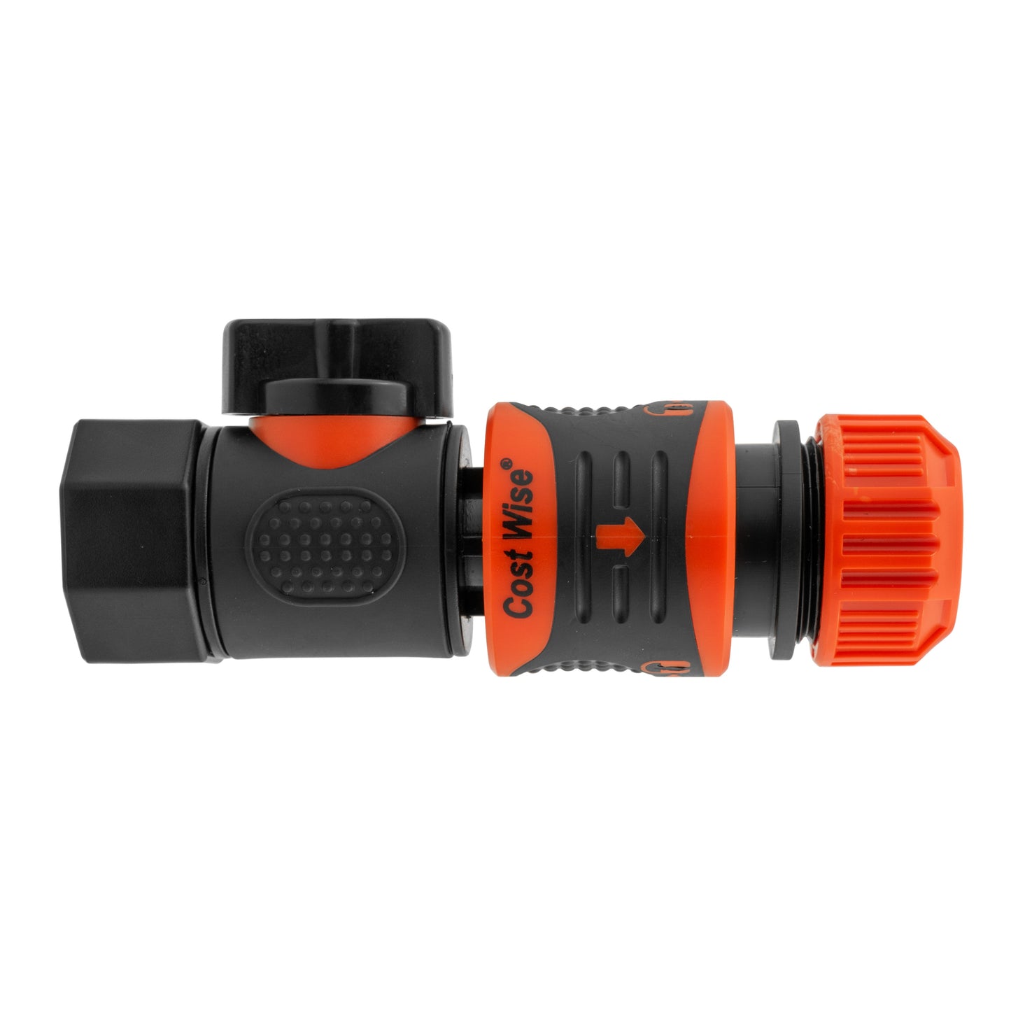 Quick connect valve with hose connector lock showing orange locking collar and arrow