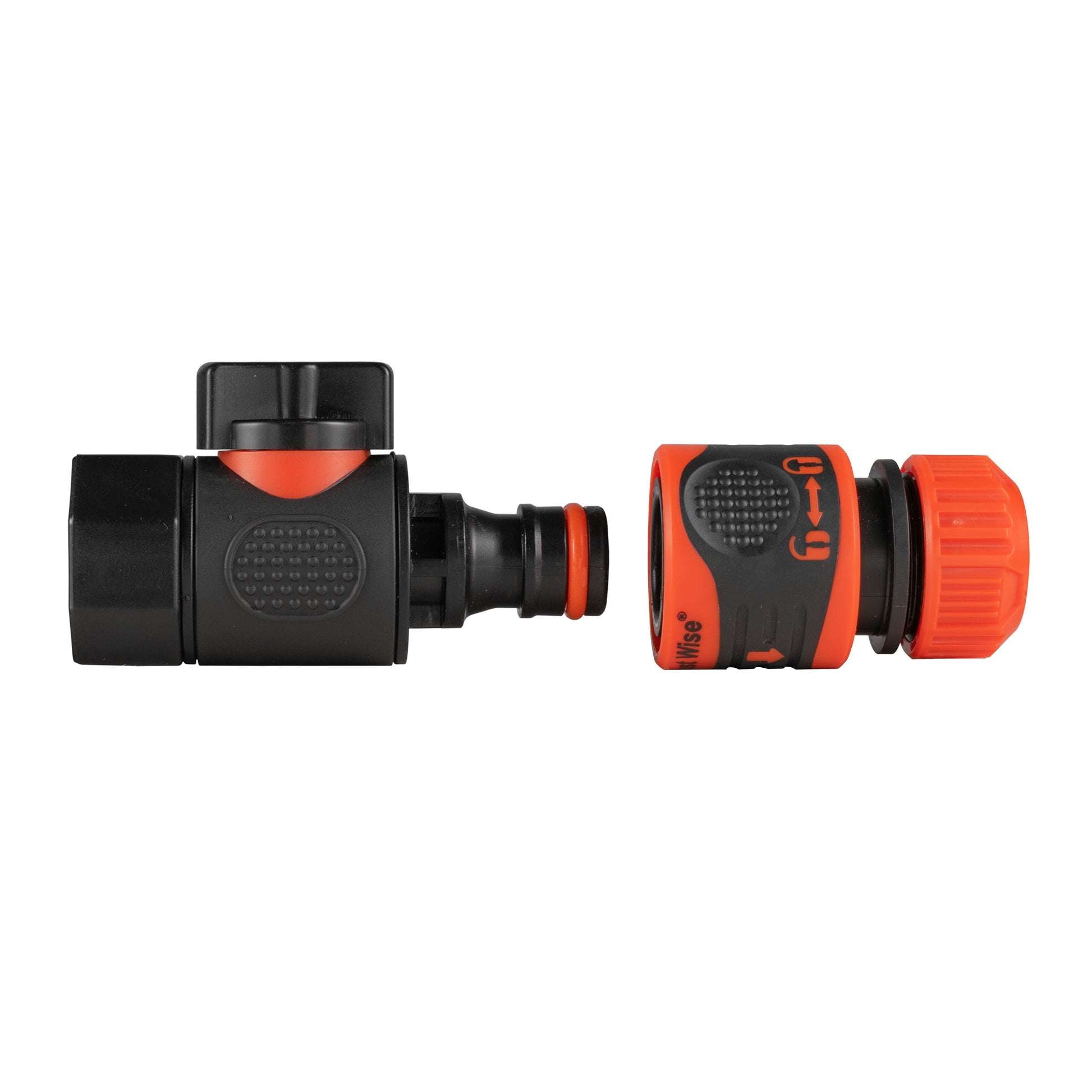 3/4" quick connect valve, side view of black inlet block and orange locking collar
