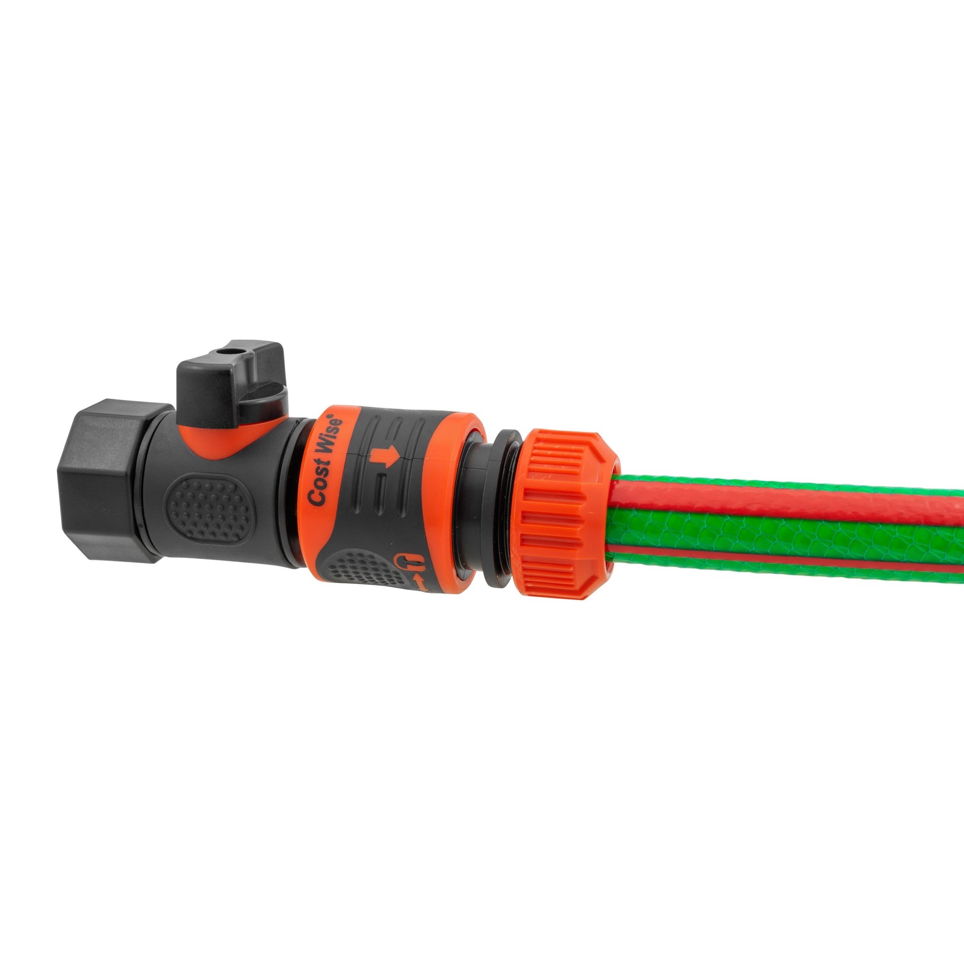 Quick connect valve with hose inserted into orange connector and black outlet body