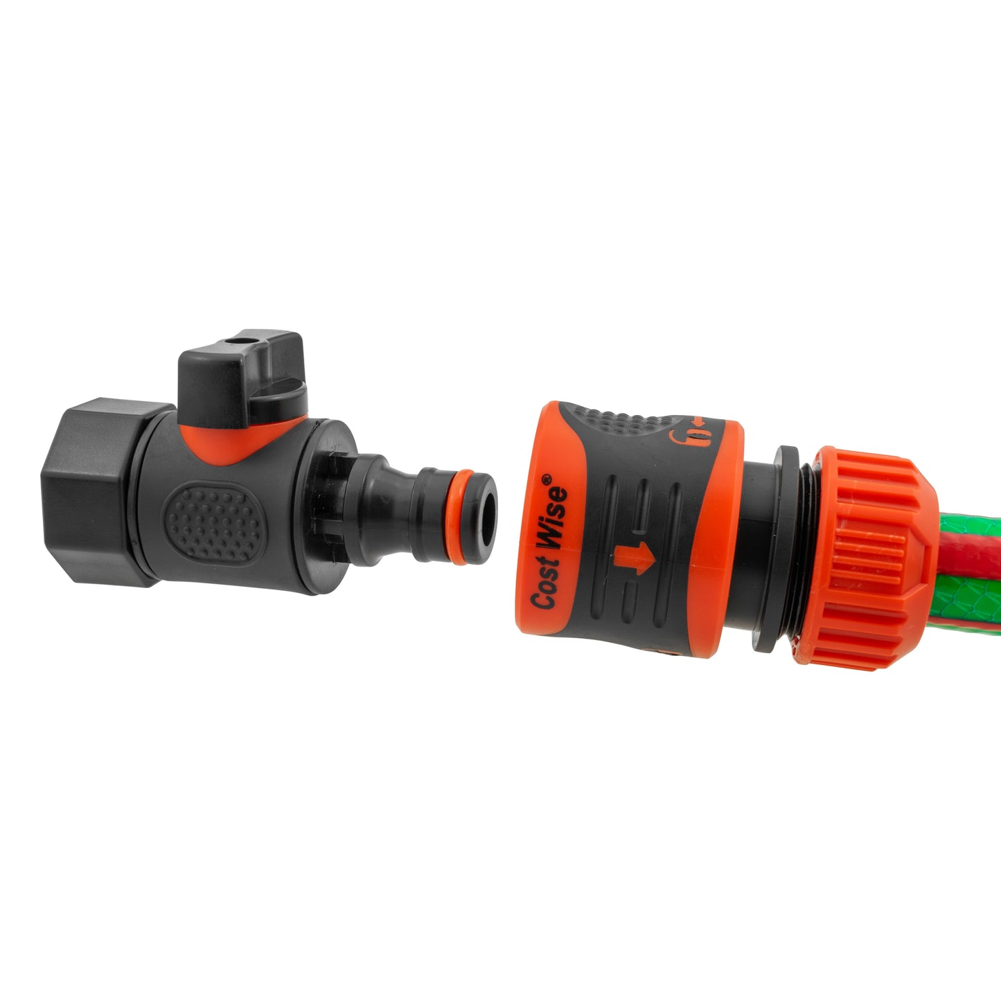 Quick connect valve with hose connector lock, green hose visible on orange end