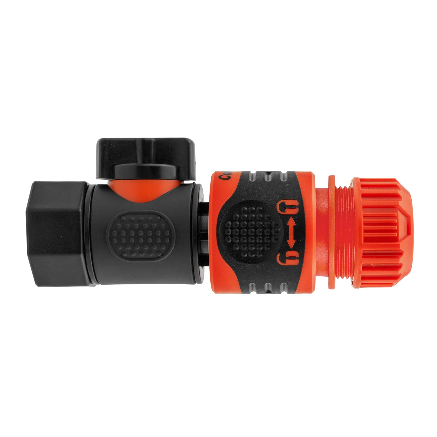 3/4" BSPF quick connect valve close-up, black inlet with orange locking ring