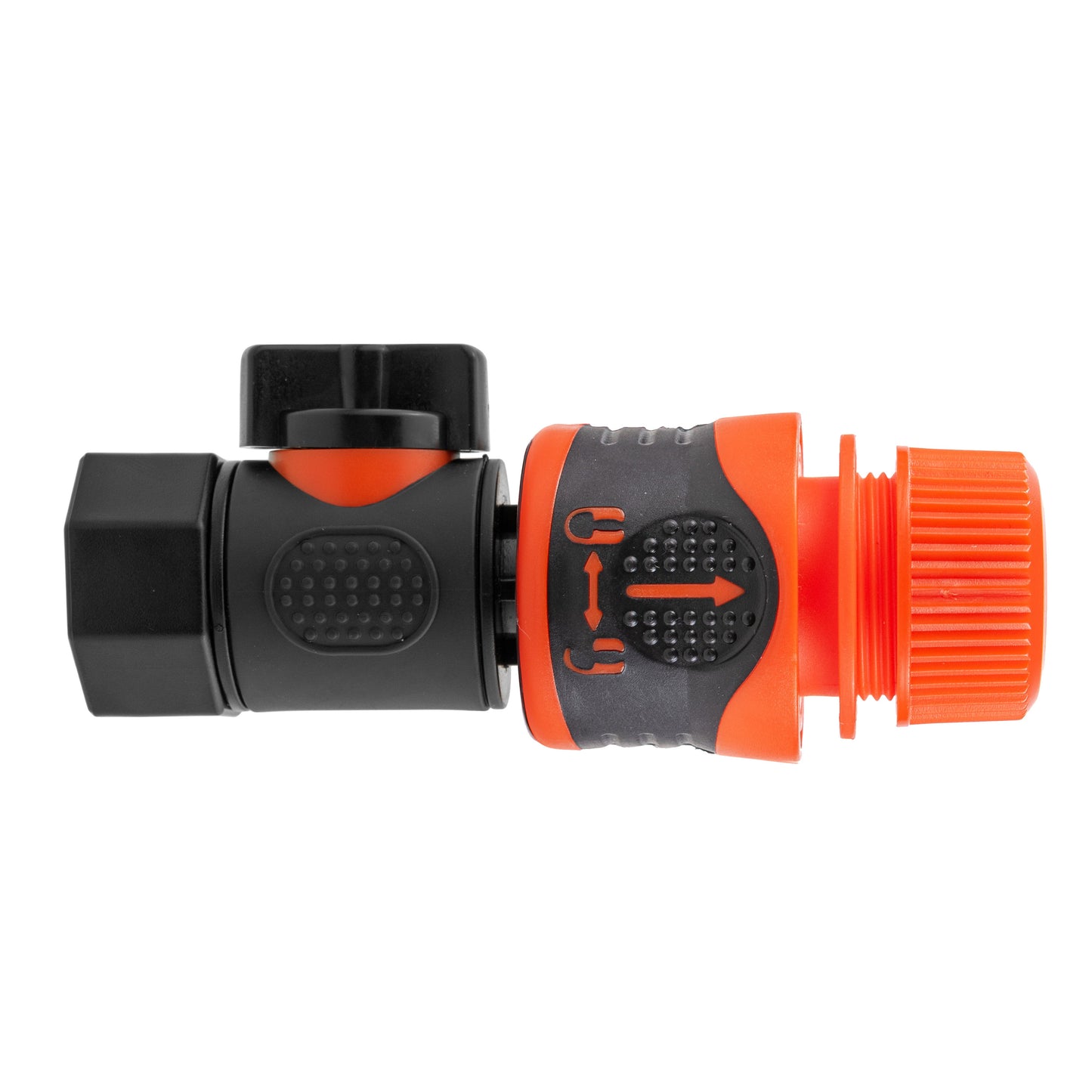 3/4" BSPF quick connect valve with hose connector lock, black and orange coupler