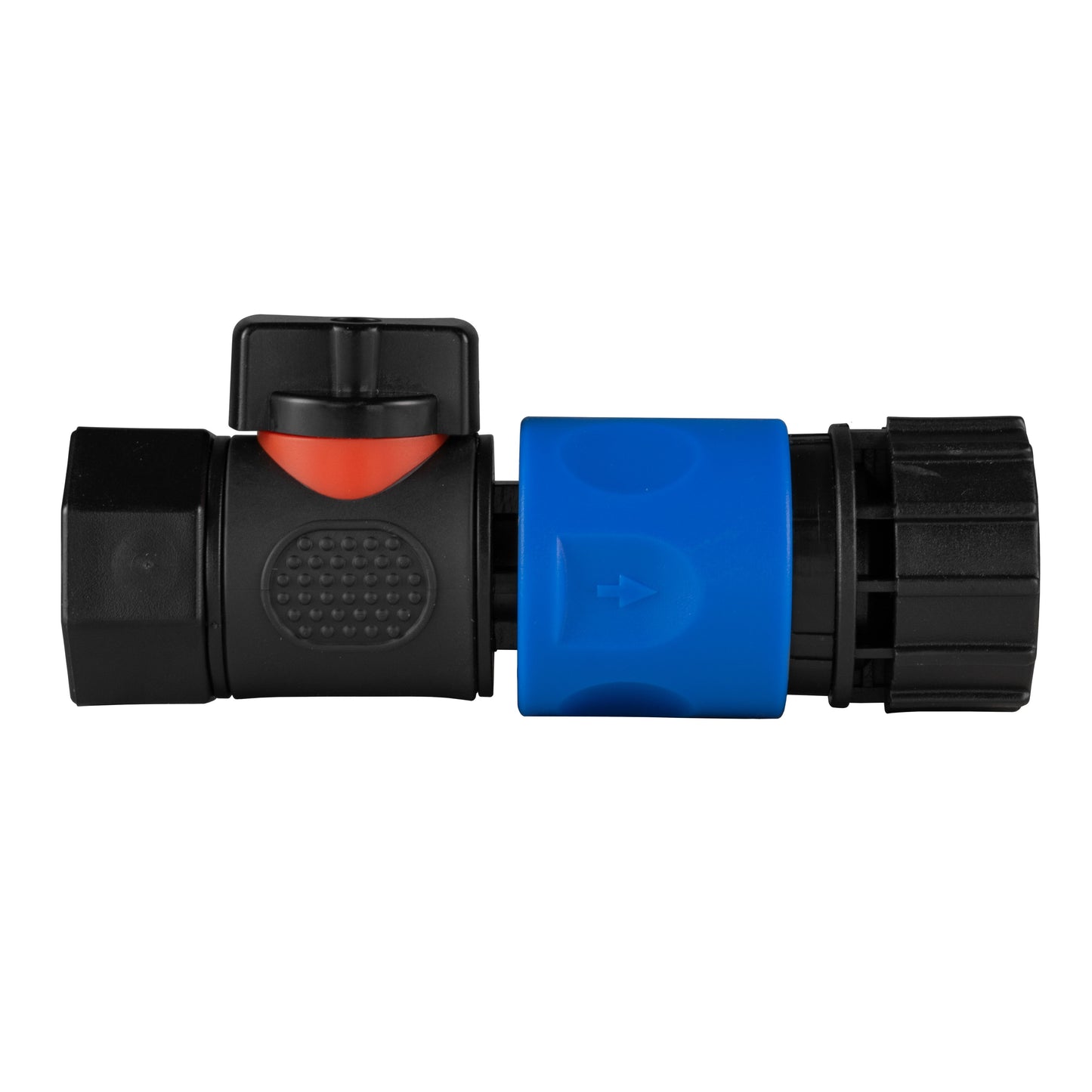 3/4" BSPF quick-connect valve with hose connector; black body, blue locking collar, red release