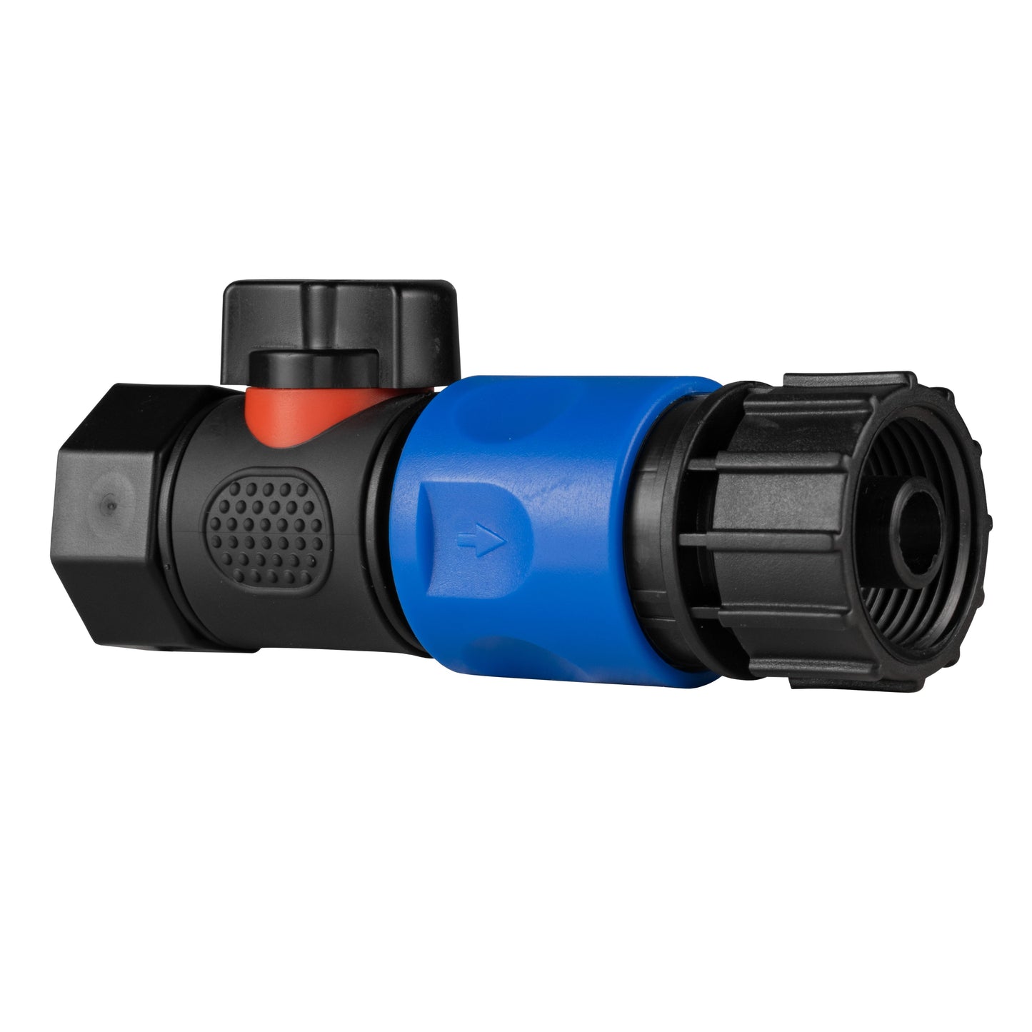 Quick-connect valve with blue push-to-connect collar, black ribbed nut, and red actuator on housing