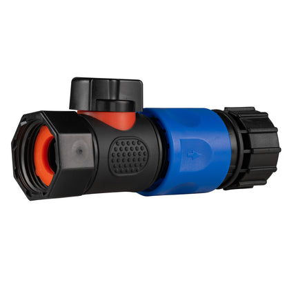 Black and blue quick-connect valve with orange/red lever and textured seal face