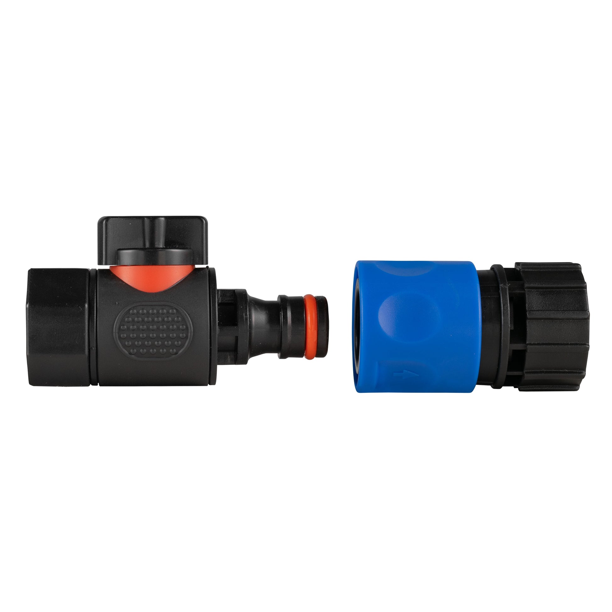 3/4" BSPF quick-connect valve with blue hose coupler end and black threaded inlet