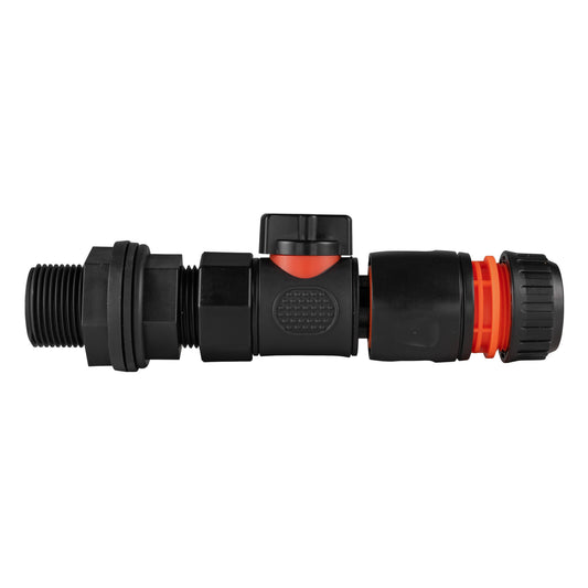 Water butt connector 3/4" BSP, black quick-connect hose valve with red latch