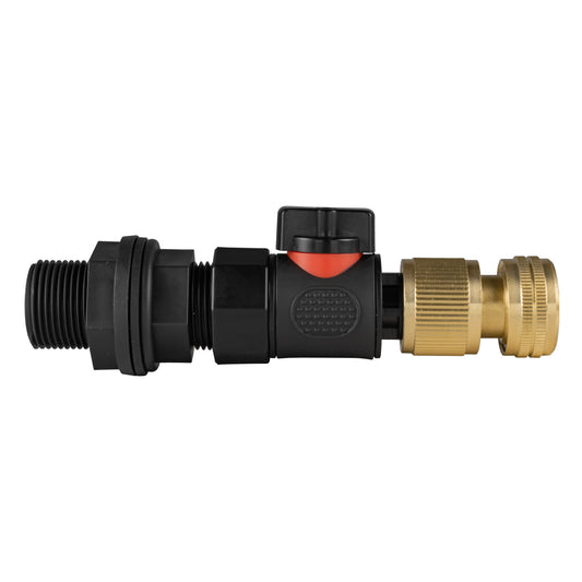 Black quick-connect water butt connector with brass BSPF fitting and red lever