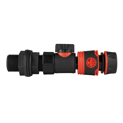 Black 3/4" BSP hose connector with quick-connect valve and red sealing ring