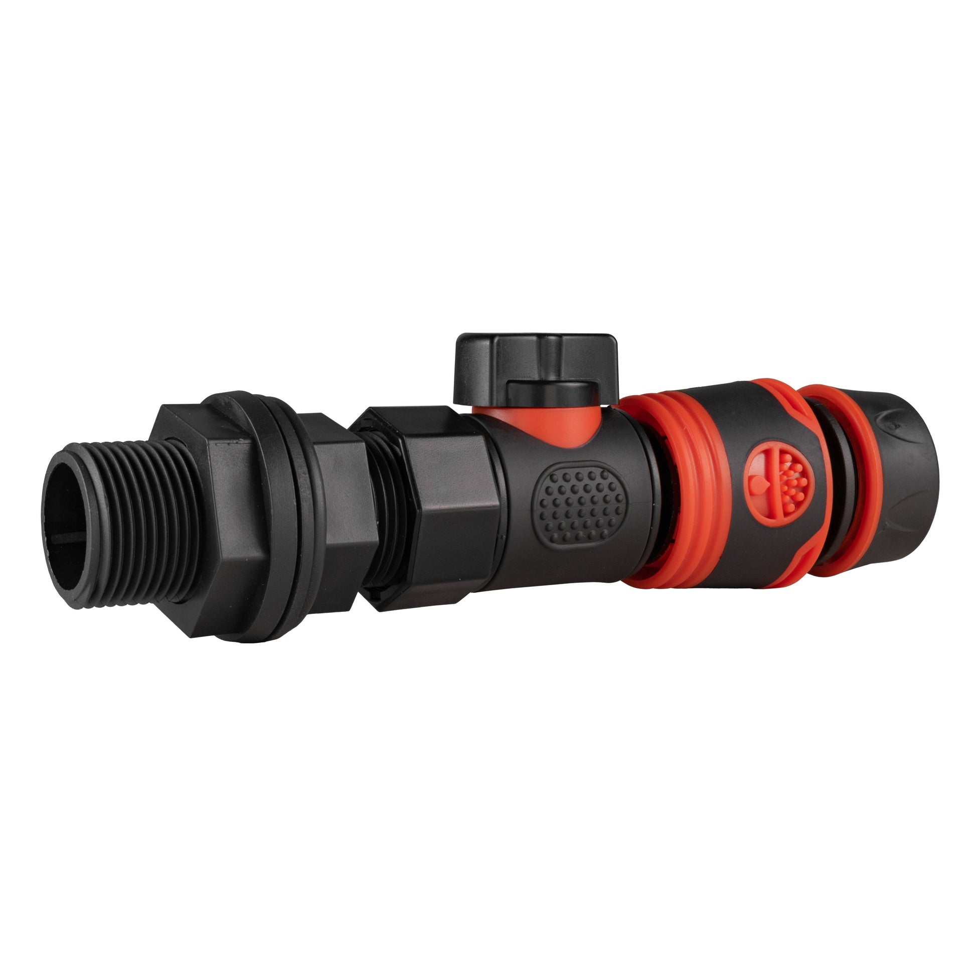 Black 3/4" BSP water butt connector with quick-connect end and orange-red insert