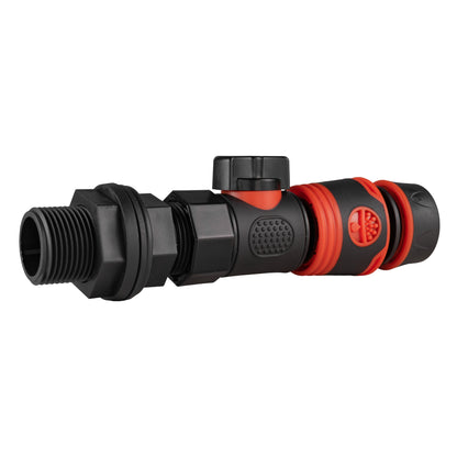 Black 3/4" BSP water butt connector with quick-connect end and orange-red insert