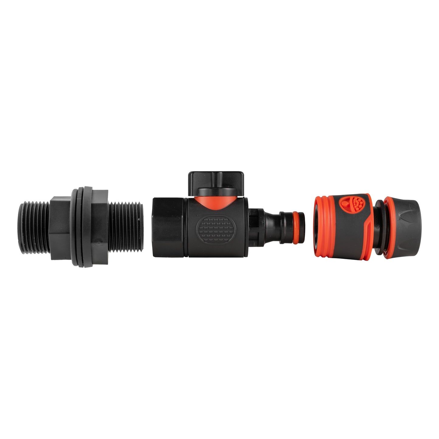 Black BSP threaded connector to quick-connect hose fitting with red ring accents
