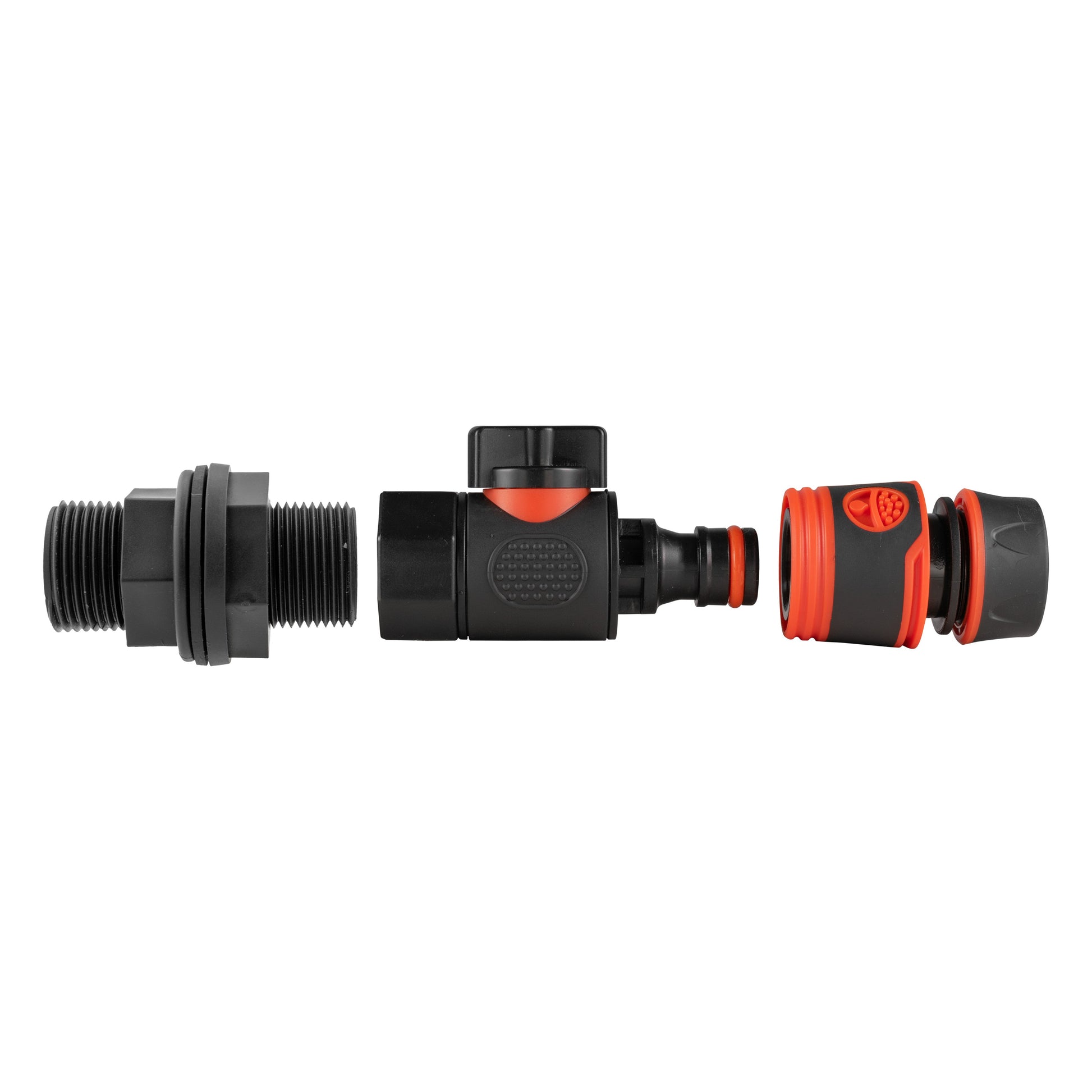 Black BSP threaded connector to quick-connect hose fitting with red ring accents