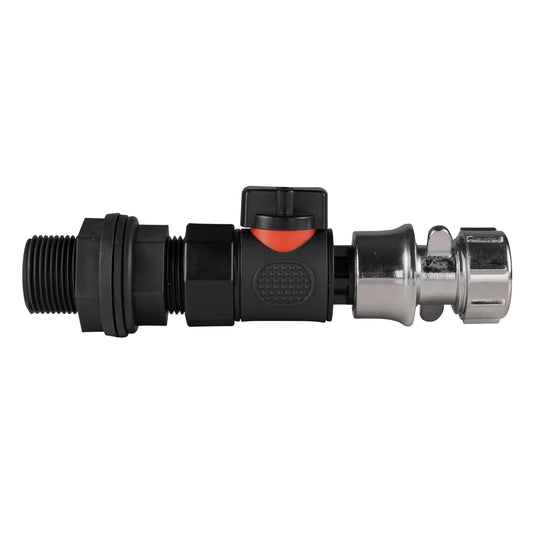 3/4" BSP water butt connector with quick-connect valve and zinc hose fitting, black/metal