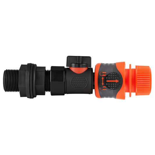 Water butt connector with quick-connect valve and hose connector lock, black and orange