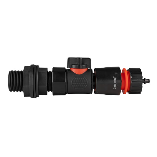 3/4" BSP water butt connector with quick-connect valve and 4mm hose barb