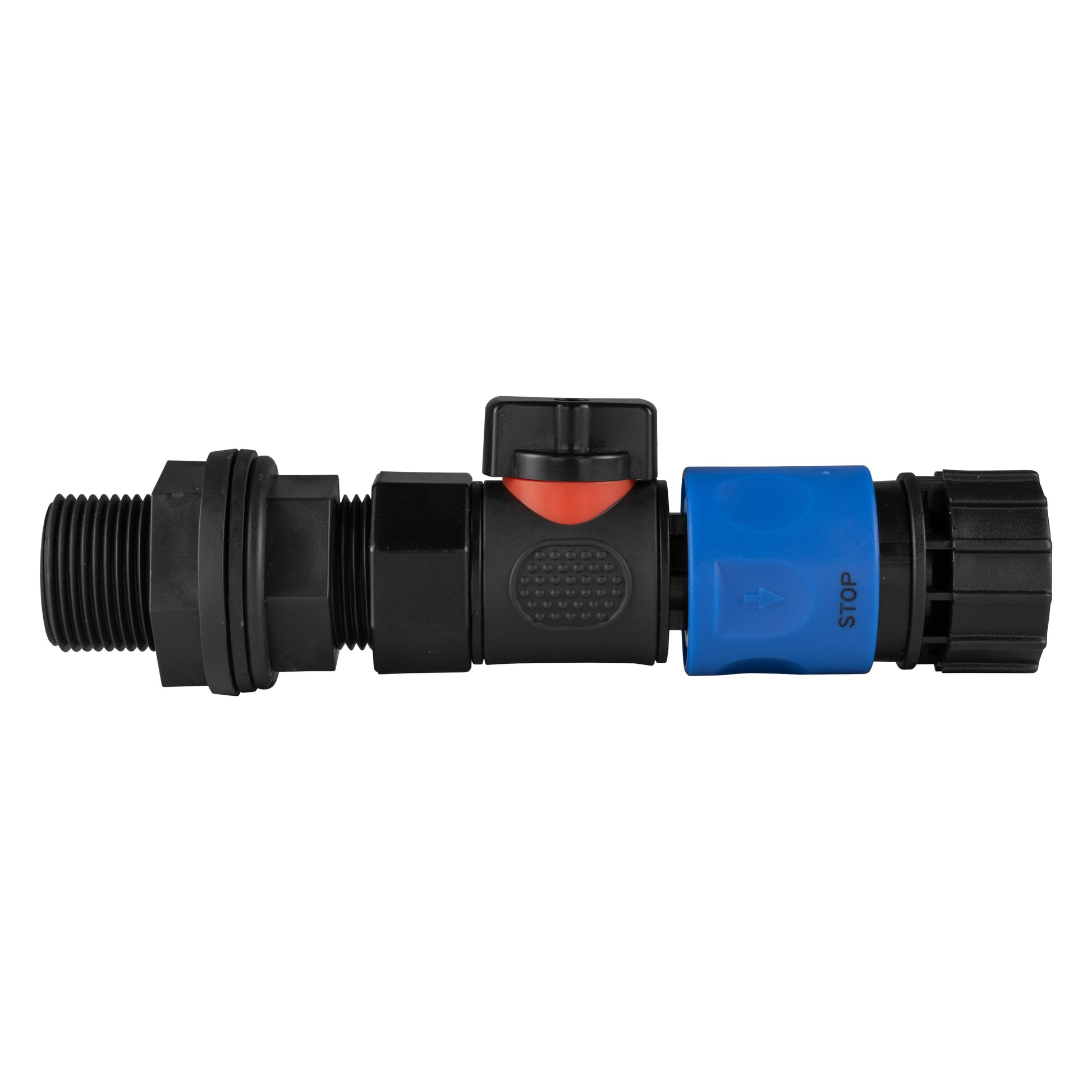 3/4" BSP water butt connector with quick-connect valve and hose fitting, black/blue