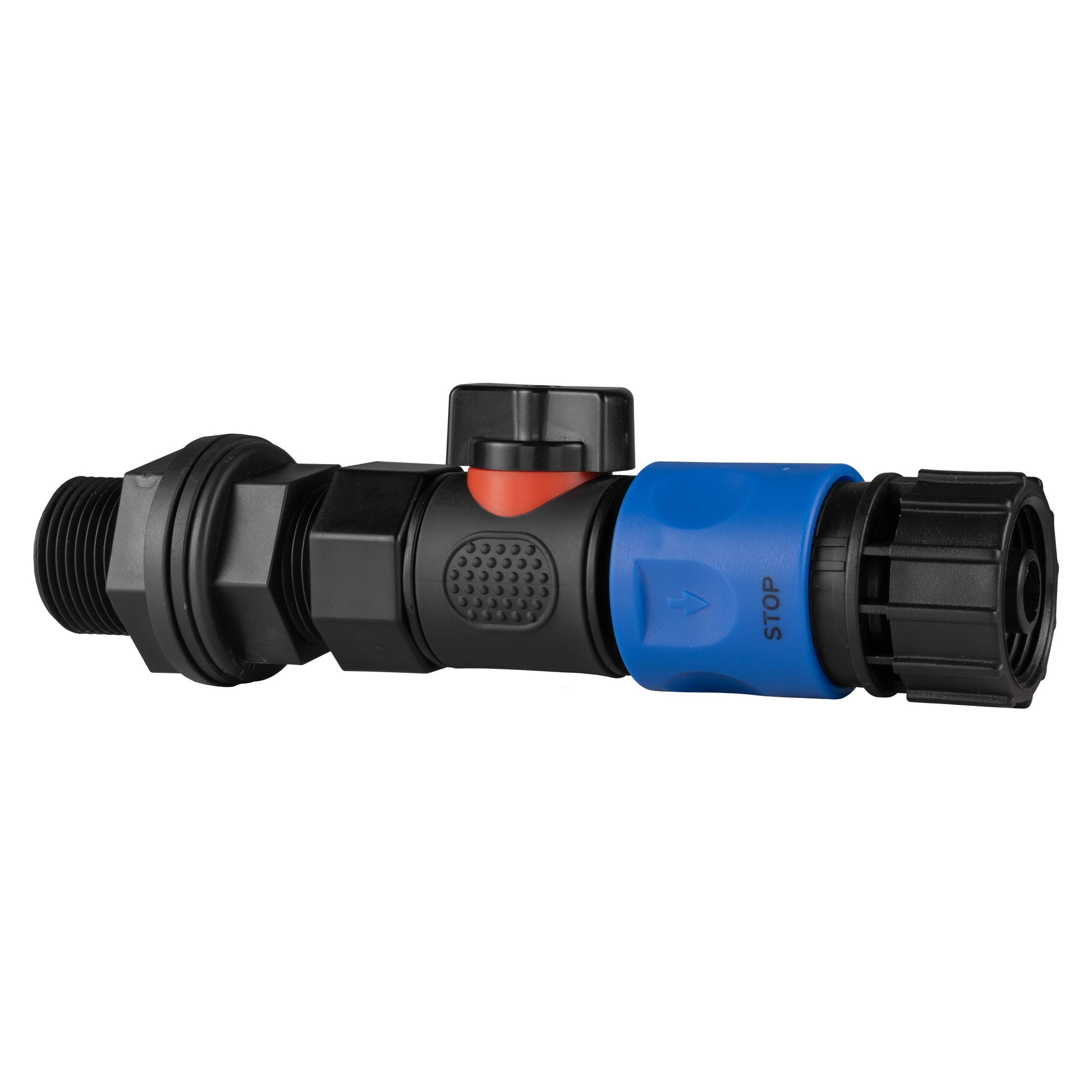 3/4" BSP connector with quick-connect shutoff valve, textured seal area on body