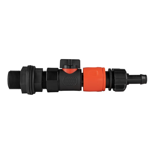 3/4" BSP water butt connector with quick connect valve and 16mm hose barb