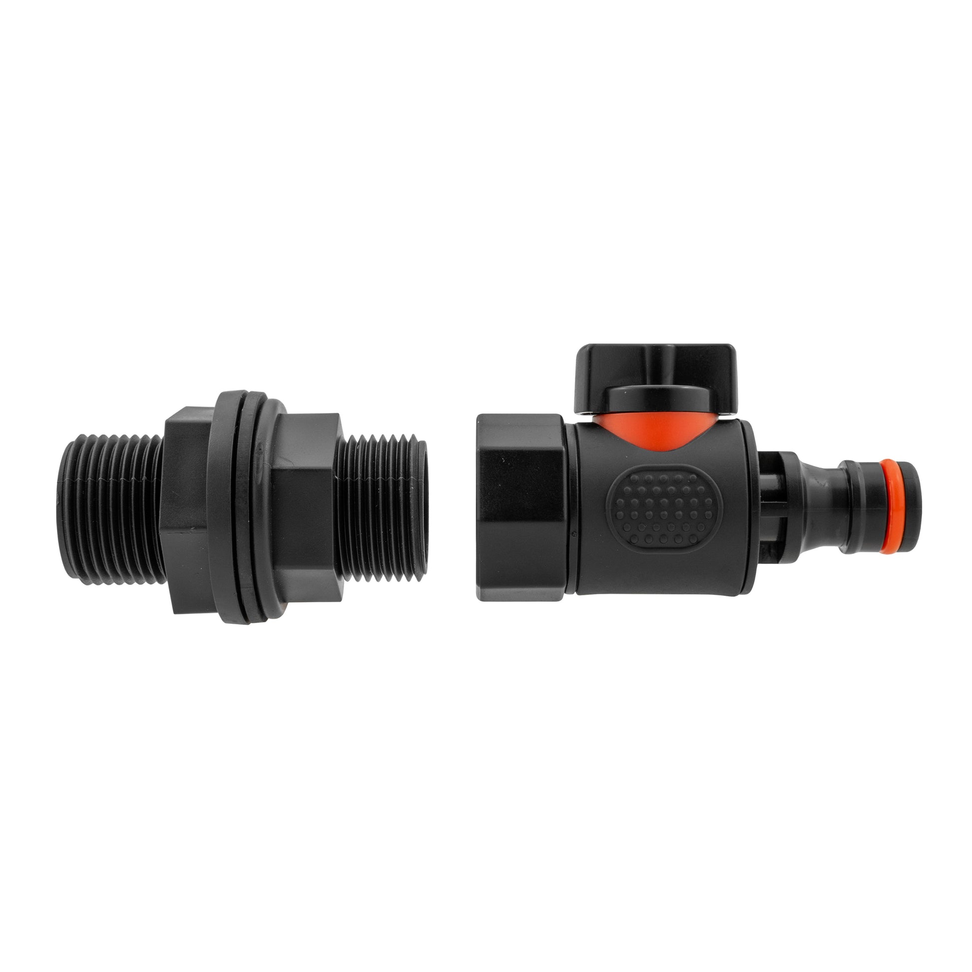 3/4" BSPF quick-connect male valve fitting with orange hose outlet ring