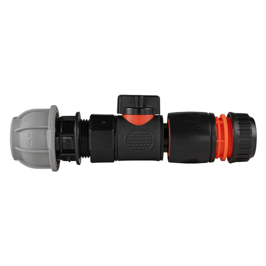 20mm MDPE straight valve with BSPF quick-connect hose connector, black