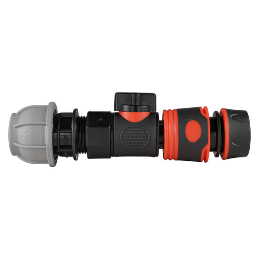 20mm MDPE straight BSPF quick connect valve & hose connector, black and red inserts