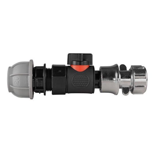 20mm MDPE straight valve with quick connect hose connector and zinc BSPF fitting