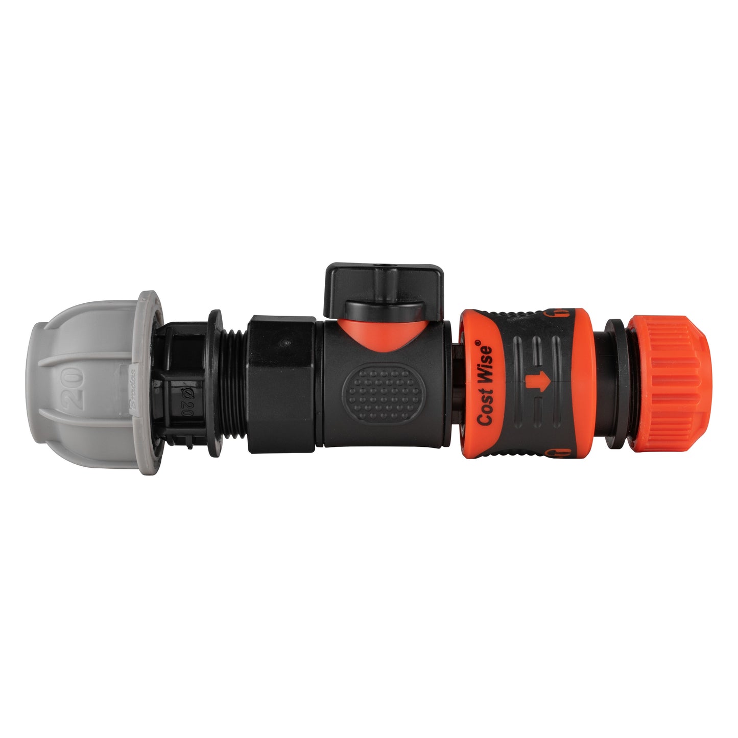 20mm MDPE straight quick-connect valve, orange lock ring and orange ribbed cap