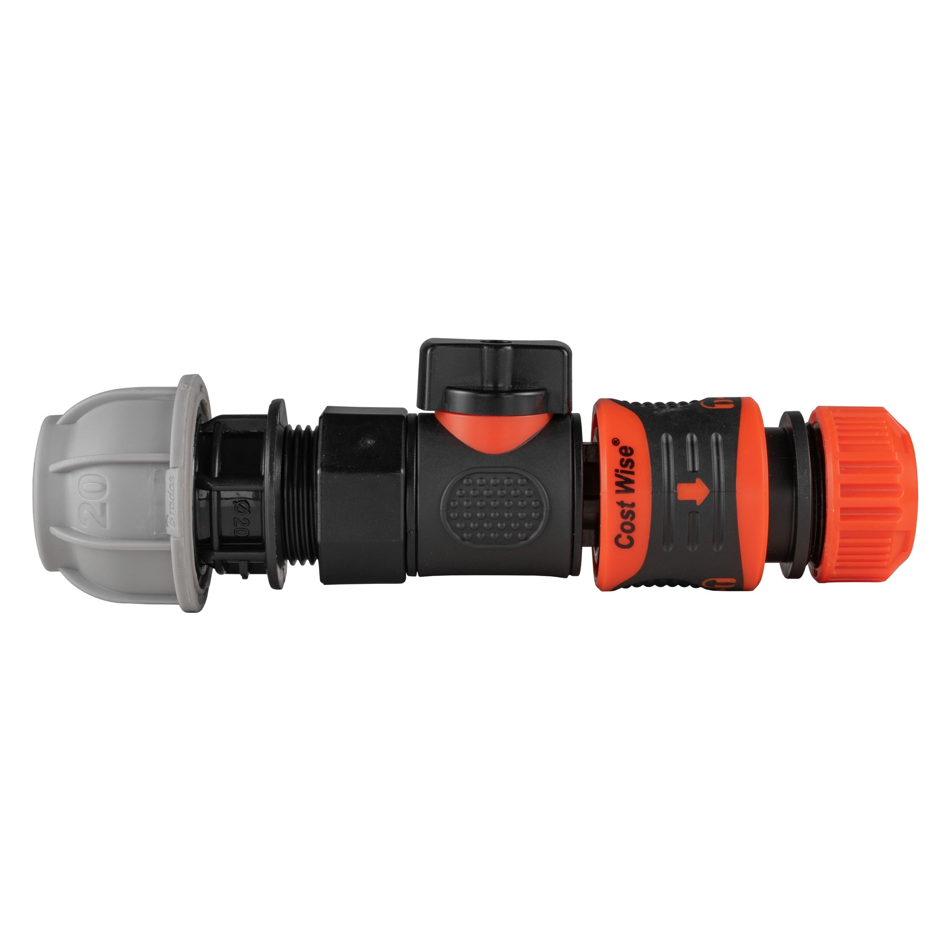 20mm MDPE straight quick-connect valve, orange lock ring and orange ribbed cap