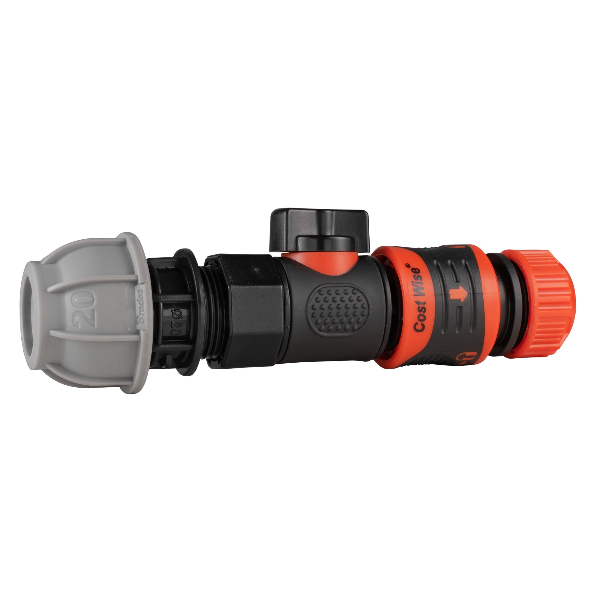 20mm MDPE straight quick-connect hose connector, black body with orange safety lock