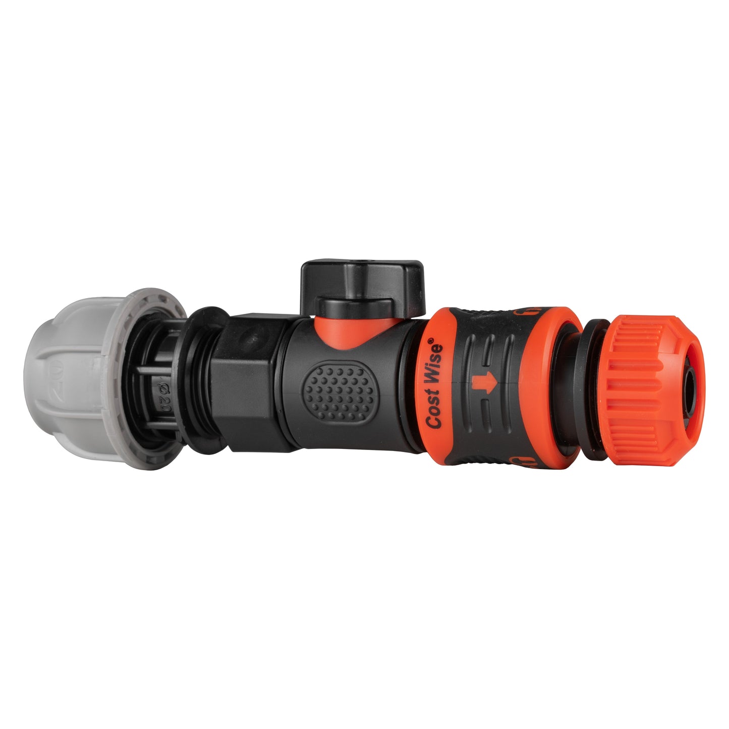 20mm MDPE straight BSPF quick-connect valve, orange ribbed hose end fitting