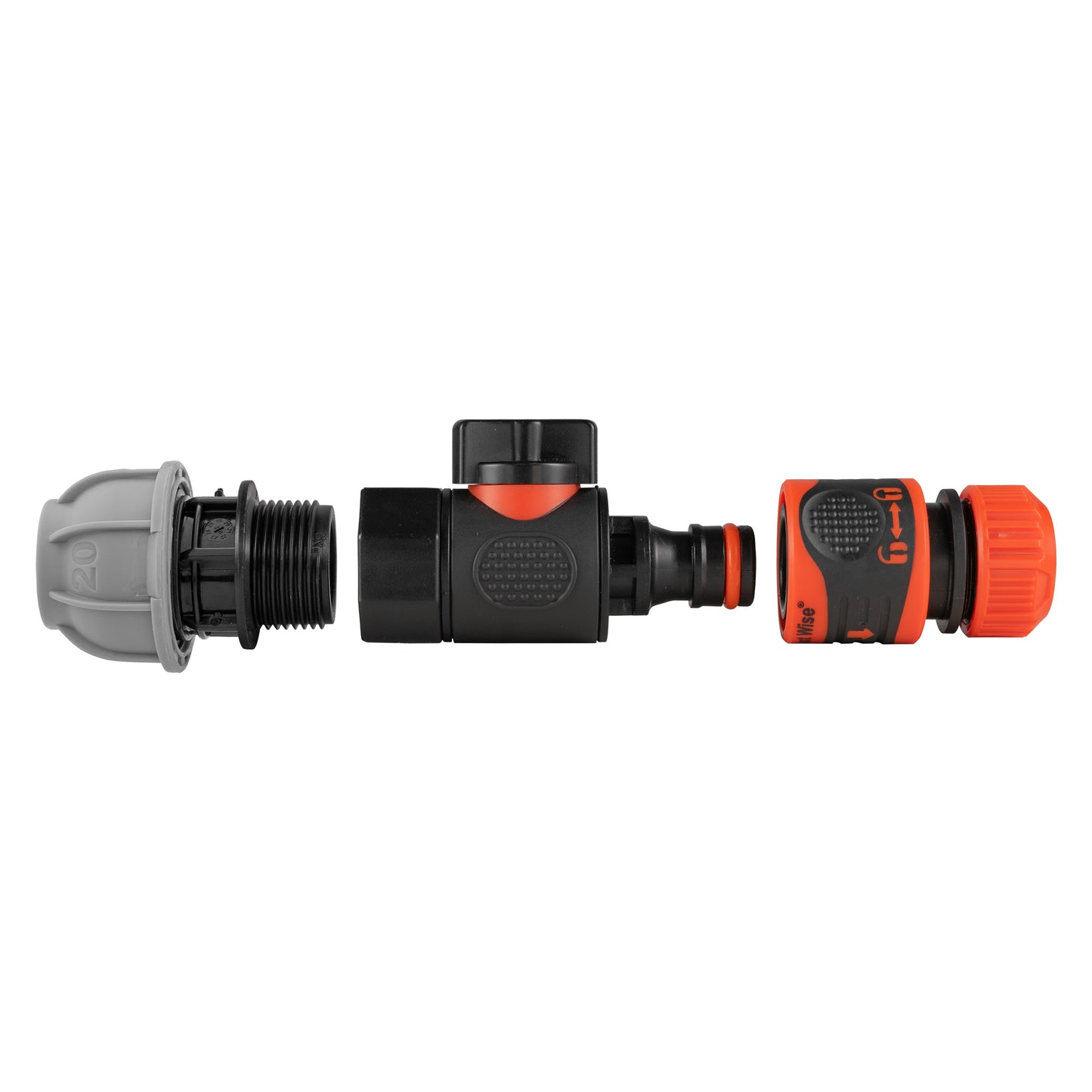 20mm MDPE straight quick-connect valve showing BSPF threaded end and hose connection