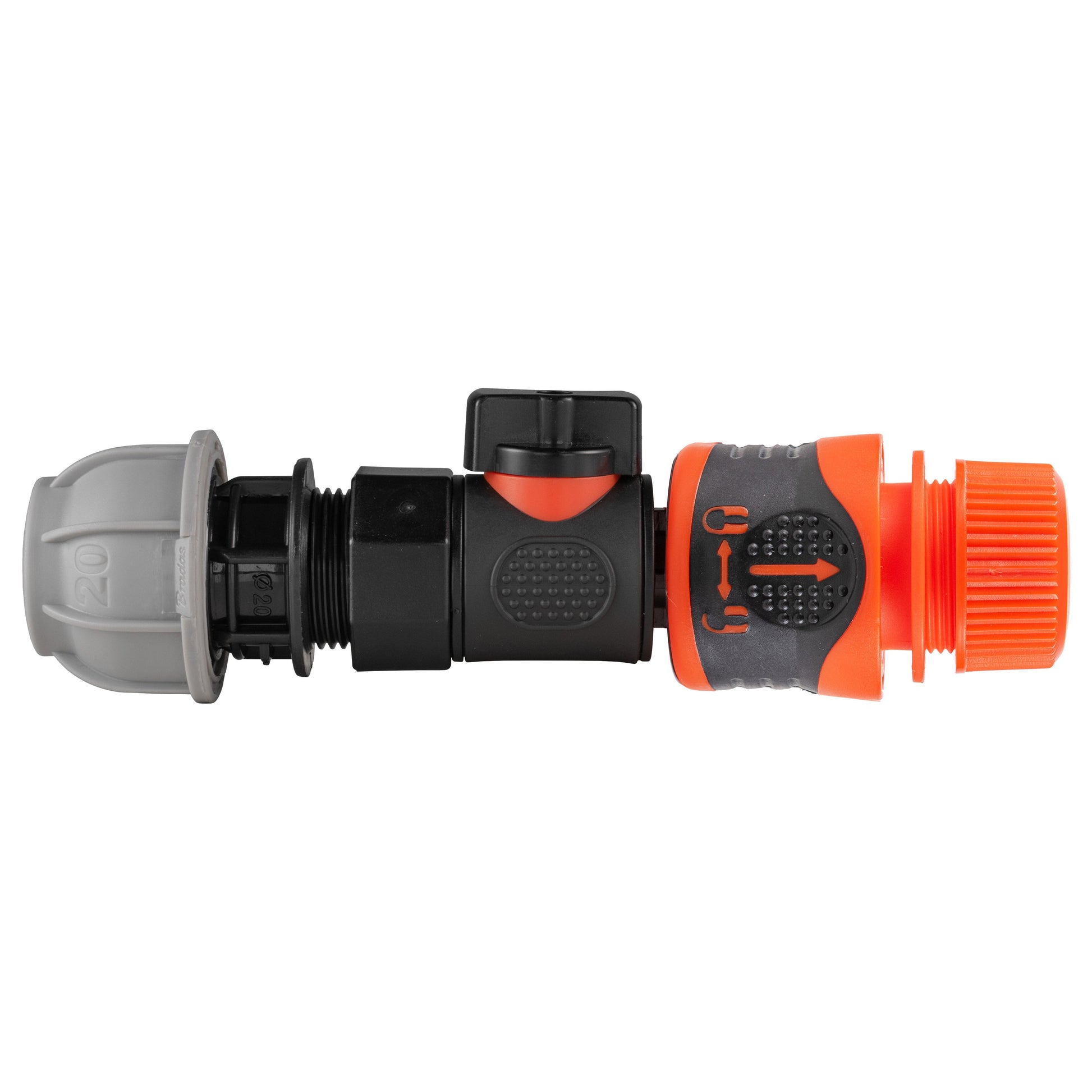 20mm MDPE straight quick-connect valve with BSPF lock, grey and black fittings