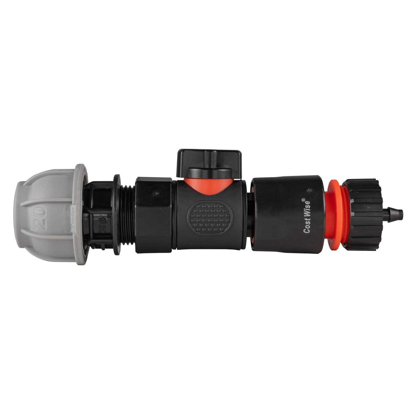 20mm MDPE straight quick-connect valve with BSPF and 4mm hose barb, black/grey