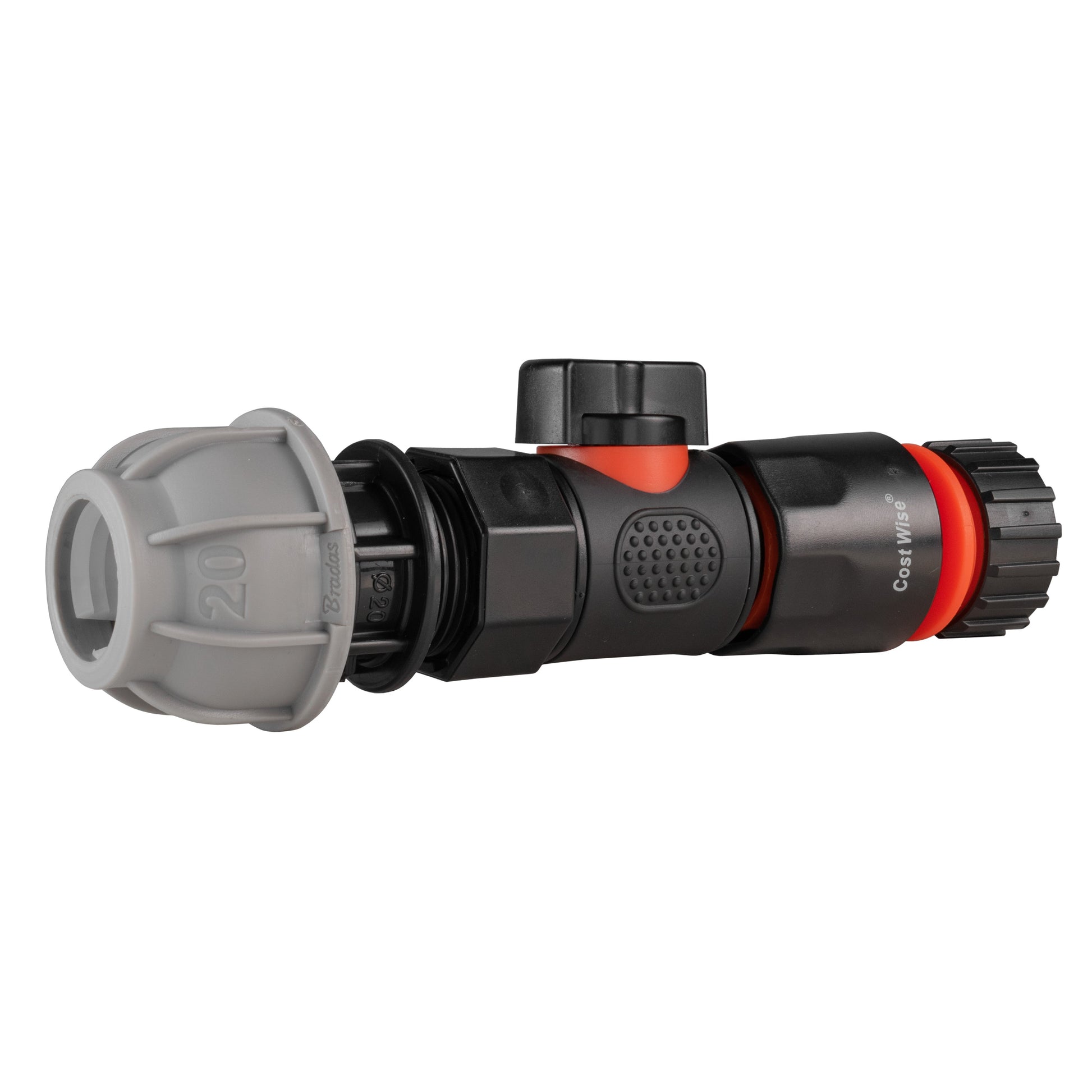 20mm MDPE straight quick-connect valve, grey inlet, black body, 4mm barb