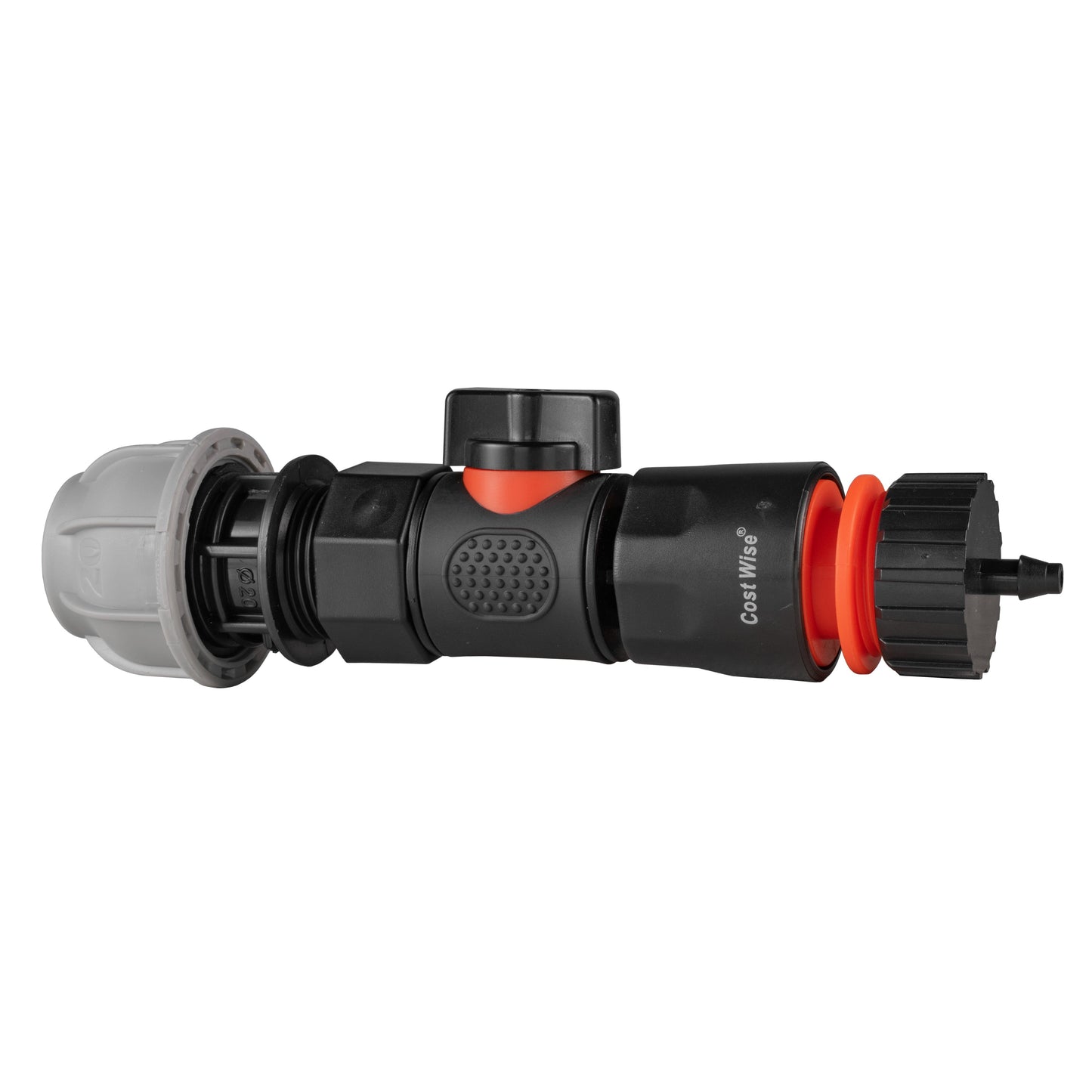 MDPE 20mm straight valve connector with BSPF, black body and orange/black latch