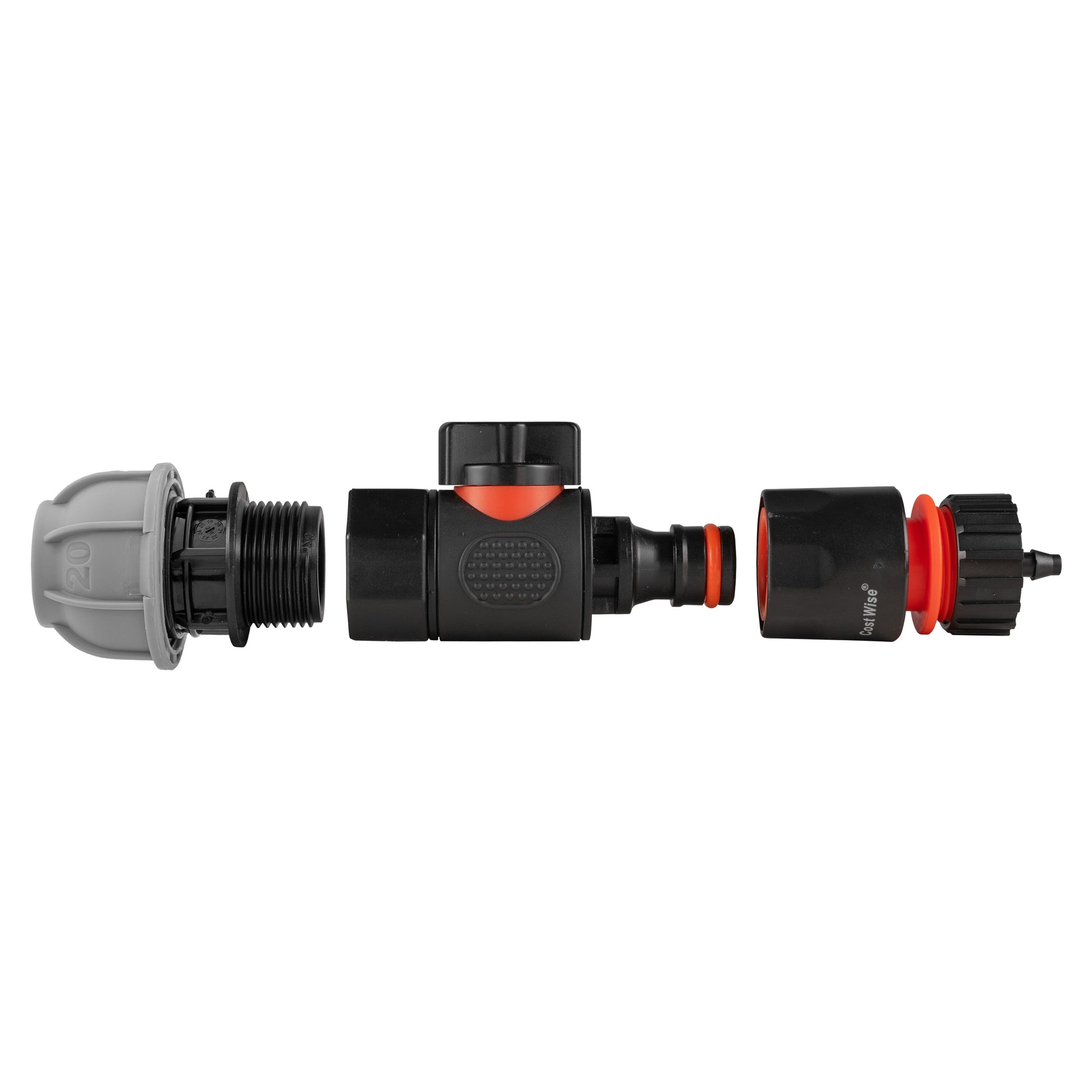 20mm straight quick-connect valve with BSPF, 4mm barb outlet, black/grey
