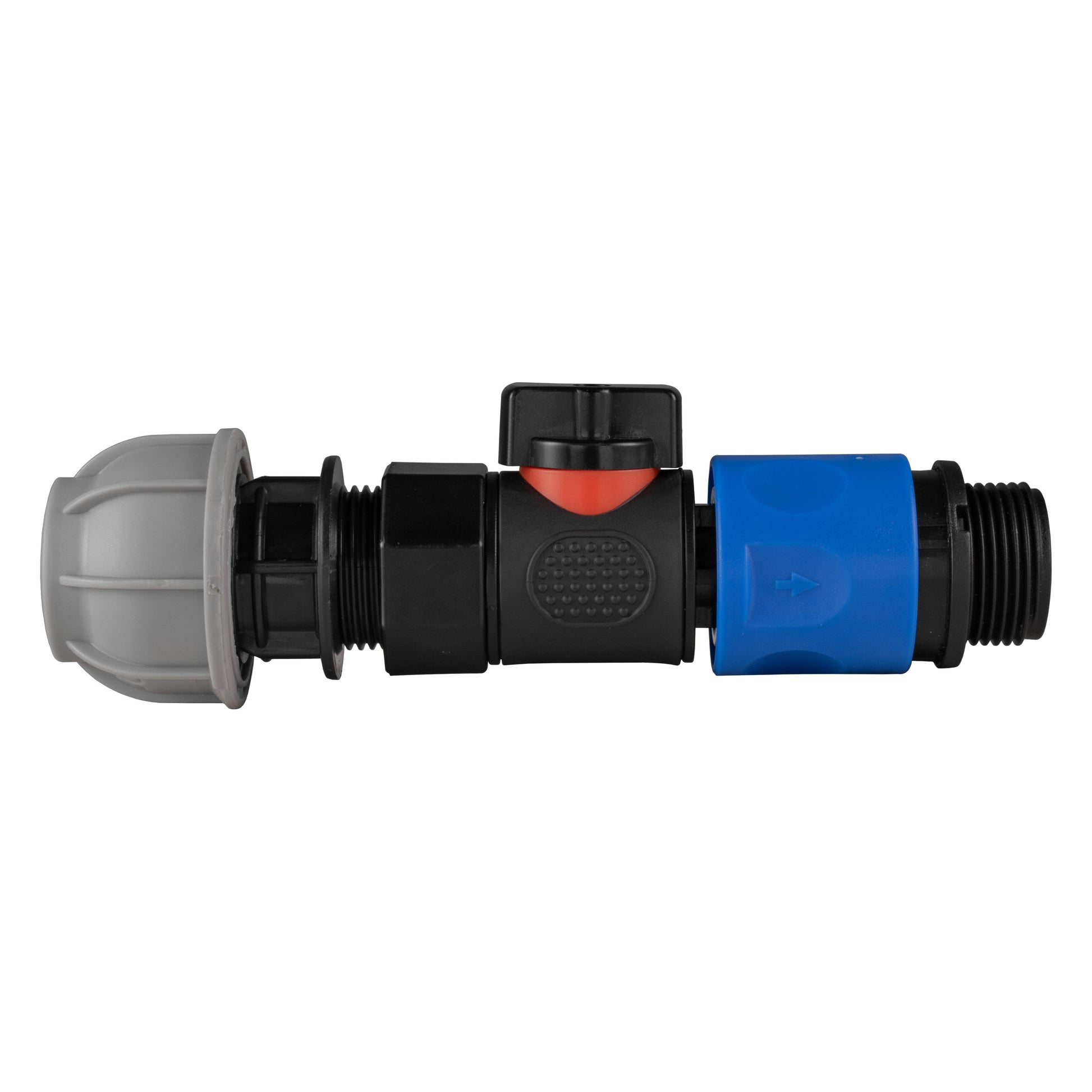 20mm straight MDPE quick-connect valve with BSPM hose connector, blue outlet