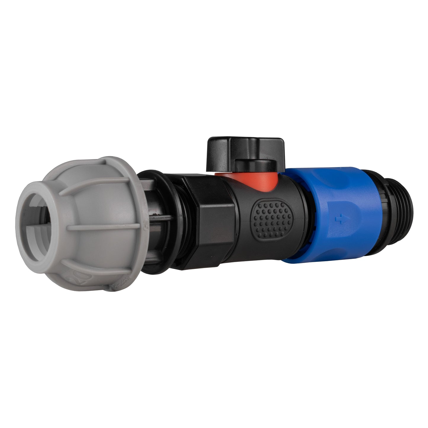 Straight MDPE quick-connect valve with grey end cap, blue threaded hose connector
