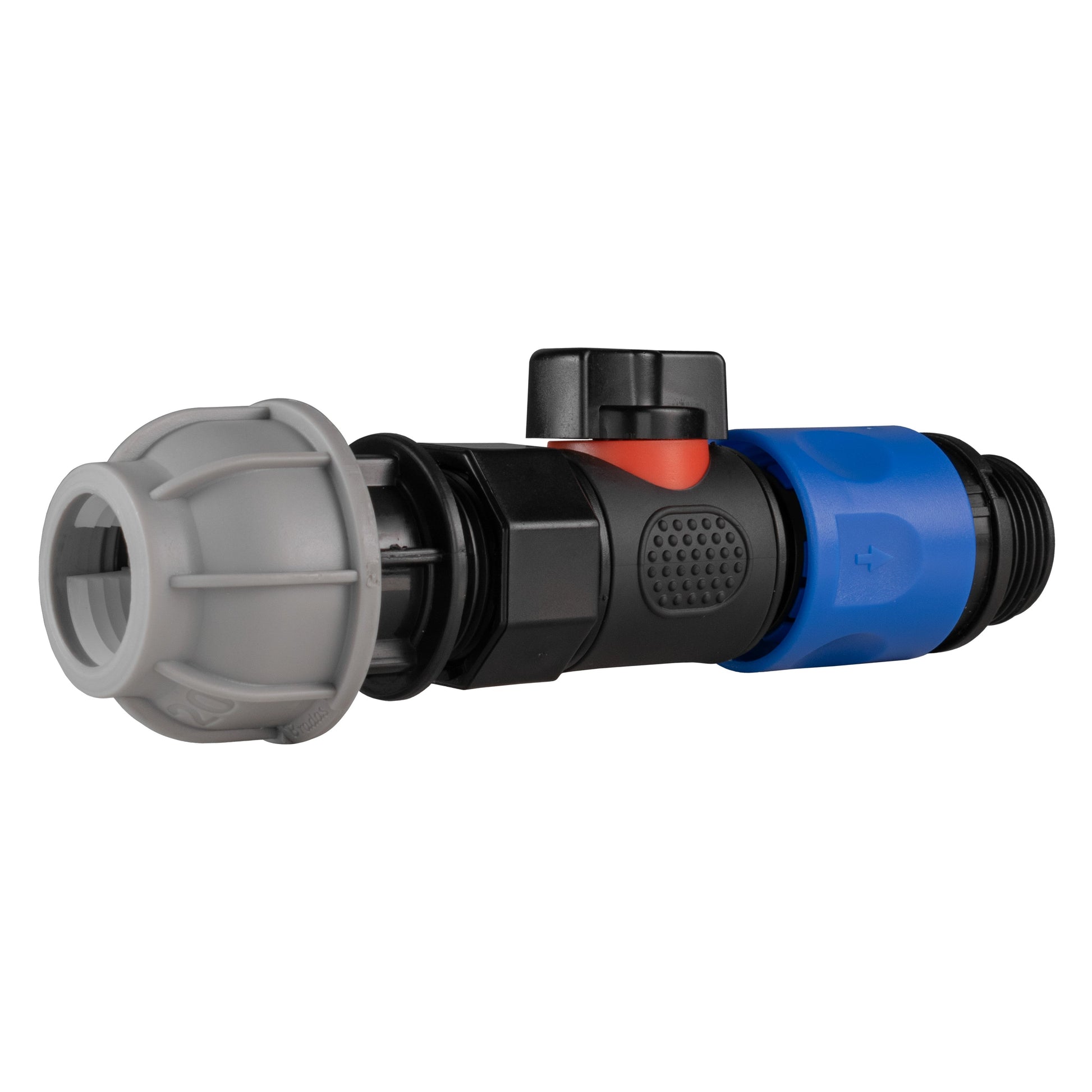 Straight MDPE quick-connect valve with grey end cap, blue threaded hose connector