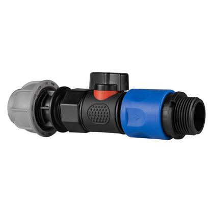 Straight MDPE quick-connect valve, blue connector sleeve and grey inlet end cap