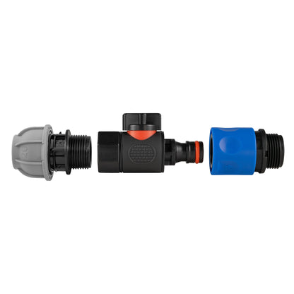 Straight MDPE quick-connect valve with red indicator ring, grey inlet and blue outlet